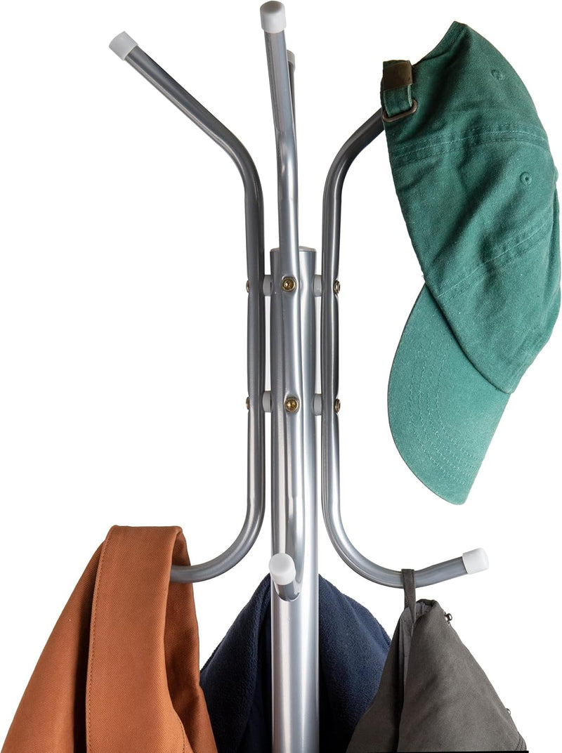 Mind Reader COATRACK11 Standing Metal Coat Rack Hat Hanger 11 Hook for Jacket, Purse, Scarf Rack, Umbrella Tree Stand, Black