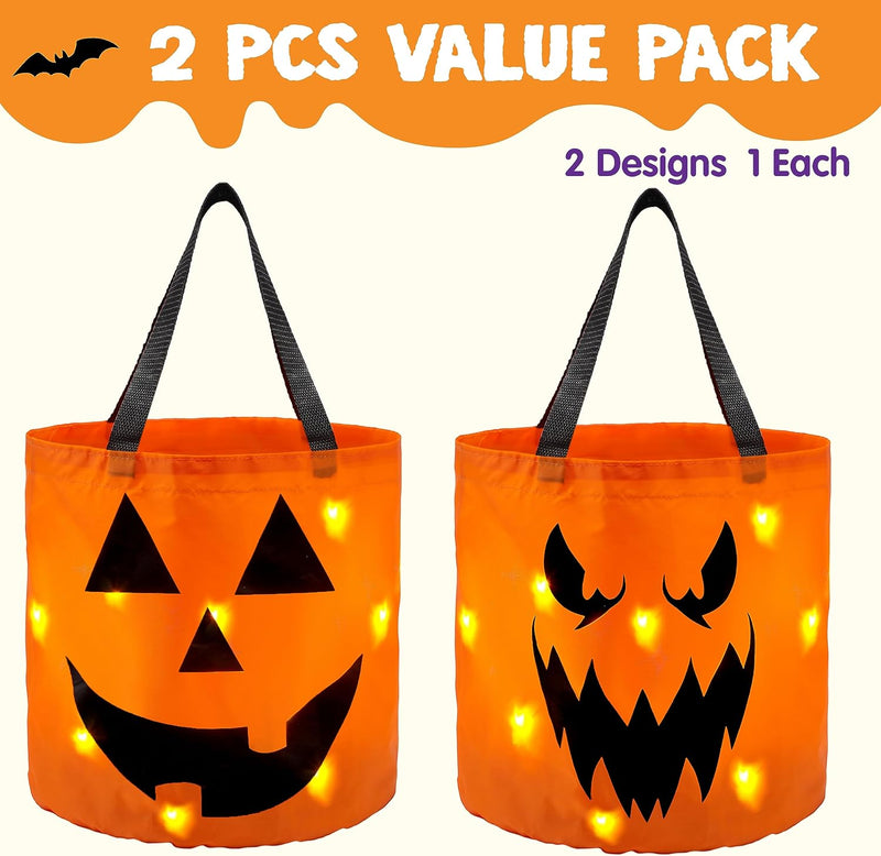 JOYIN 2pcs Halloween Trick or Treat Bags, 10 x 11.8 Inch / 25 x 30 cm Reusable Pumpkin Buckets for Kids Halloween Birthday Party