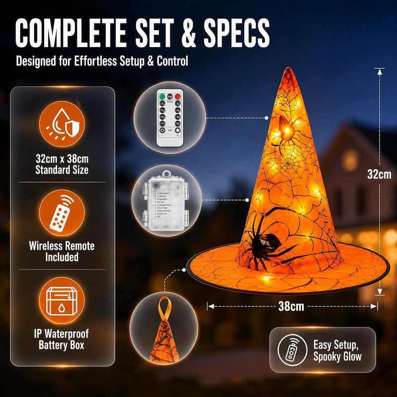 Beauenty Halloween Decorations, 8Pcs Halloweens Hat Lights, Waterproof Decorations Lights with Remote Control for Outdoor Garden Party Supplies Decor (A) - A
