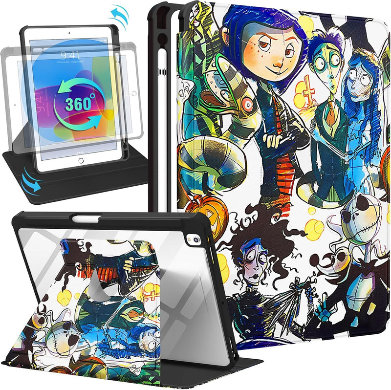 for iPad 9th/8th/7th Generation 10.2 inch Case Cute Cartoon Kawaii for Girls Kids Boys Girly Women Design Covers,360 Degree Rotating Folio Stand Pencil Holder for Apple i Pad 9/8/7 Gen,Cat - Skeleton CP