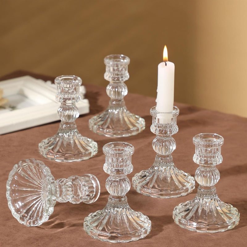 TERRIFI Clear Candlestick Holders, 6 Pcs Elegant Glass Taper Candle Holders for Wedding, Party, Festival and Anniversary Table Decor