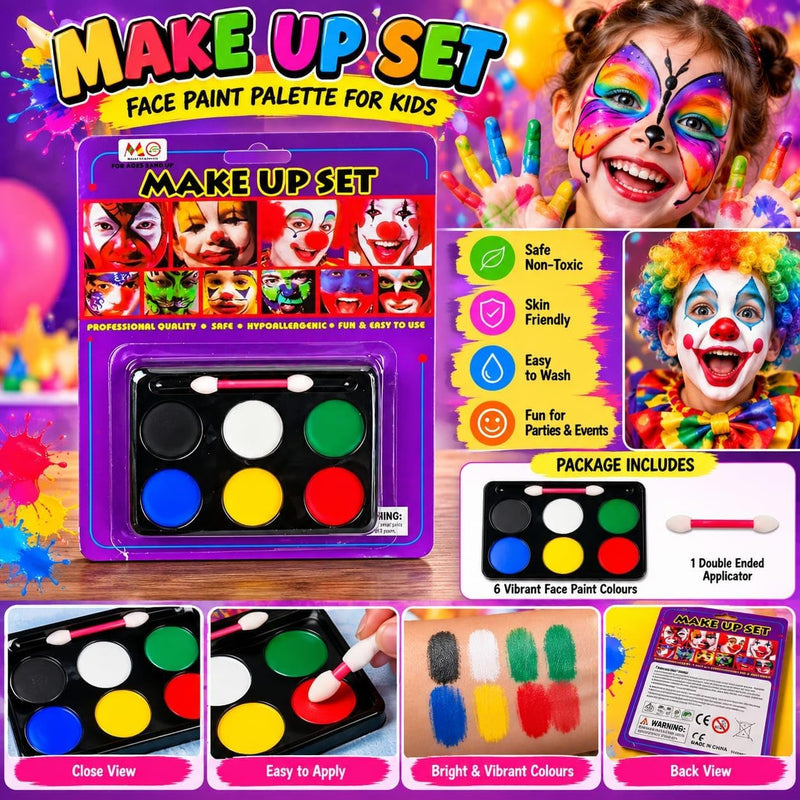 Face Paint Palette Set - 6 Vibrant Classic Colors with Double-Ended Applicator Brush, Hypoallergenic Non-Toxic Body Makeup Kit for Halloween, Cosplay, Parties, Festivals & Fancy Dress