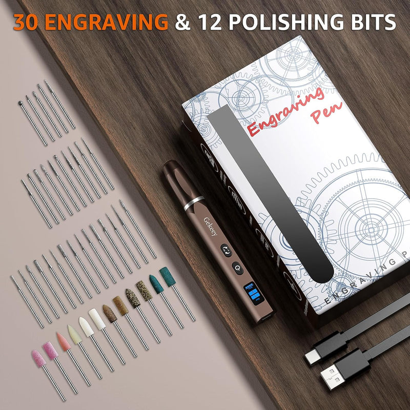 Electric Engraving Pen, Cordless Rechargeable Mini Rotary Tool with 42 Bits, Aluminum Body, Variable Speed, Portable Engraver Pen for Metal Wood Glass and Plastic, Brown