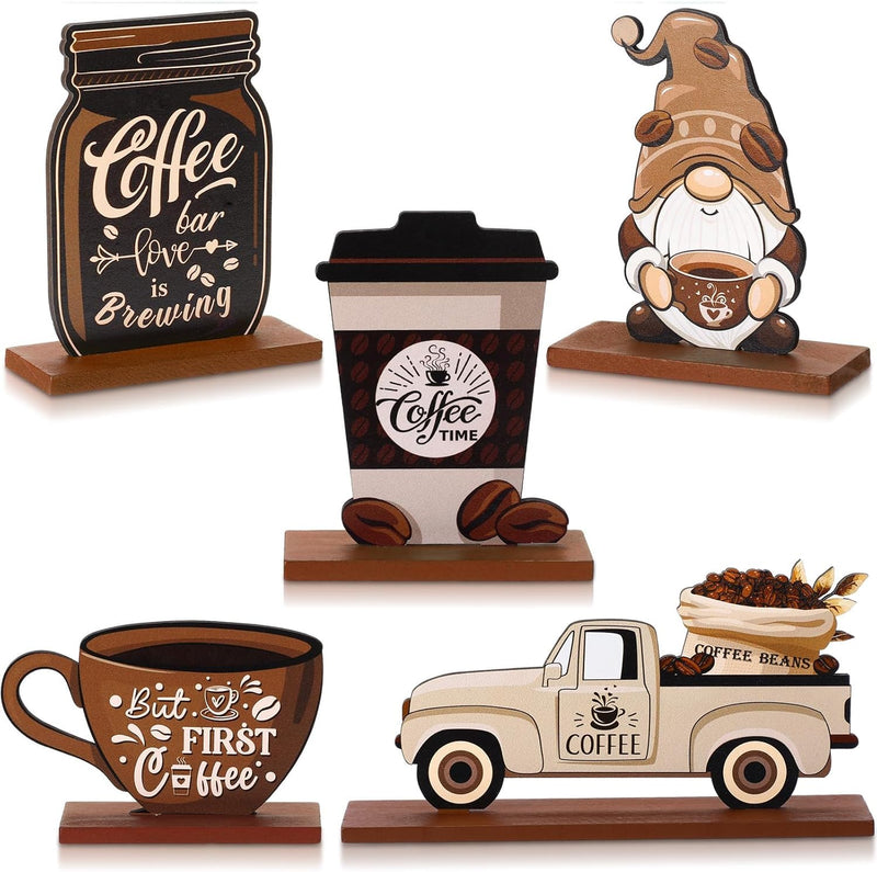 Coffee Bar Decor Sign, Azonee Farmhouse Wood Set for Coffee Stations, Rustic Table Centerpiece, Kitchen Tiered Tray, Home Decor, 5Pcs