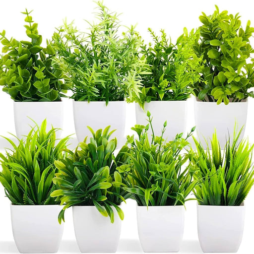 Limos Pack of 8 Mini Artificial Potted Plants, Plastic Realistic Mixed Greenery for Home Decor, Indoor Outdoor Small Fake Plants for Desk, Shelf, Balcony, Office (Green, 15 cm)
