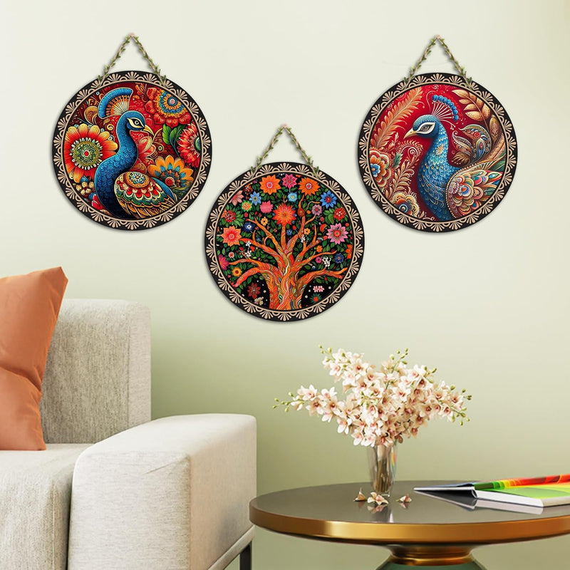 Artvibes Rajasthani Culture Wooden Wall Hanger for Home | Office | Living Room | Gift | Modern Decoration Items | Kitchen Wall Decor | Home Decor Hanging Items (WH_5012N), Set of 3