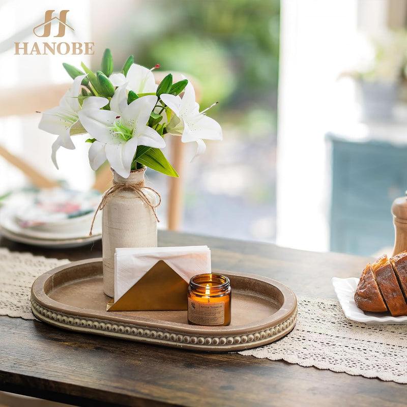 Hanobe Decorative Serving Tray Wood: White Washed Bead Round Tray Decor for Coffee Table Rustic Wooden Trays Farmhouse Centerpiece for Living Room Kitchen Counter
