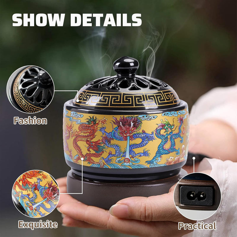 Ceramic Electric Incense Burner, Electronic Aroma Diffuser with Timing Temperature Adjustment and Cover, Resin Frankincense Burner, Used for Indoor Air Purification/Home Decoration/Meditation