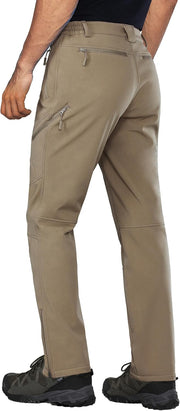 Mens Snow Ski Water Repellent Softshell Pants for Winter Hiking Fleece Lined Bottom Leg Zipper with 6 Zip Pockets - Khaki