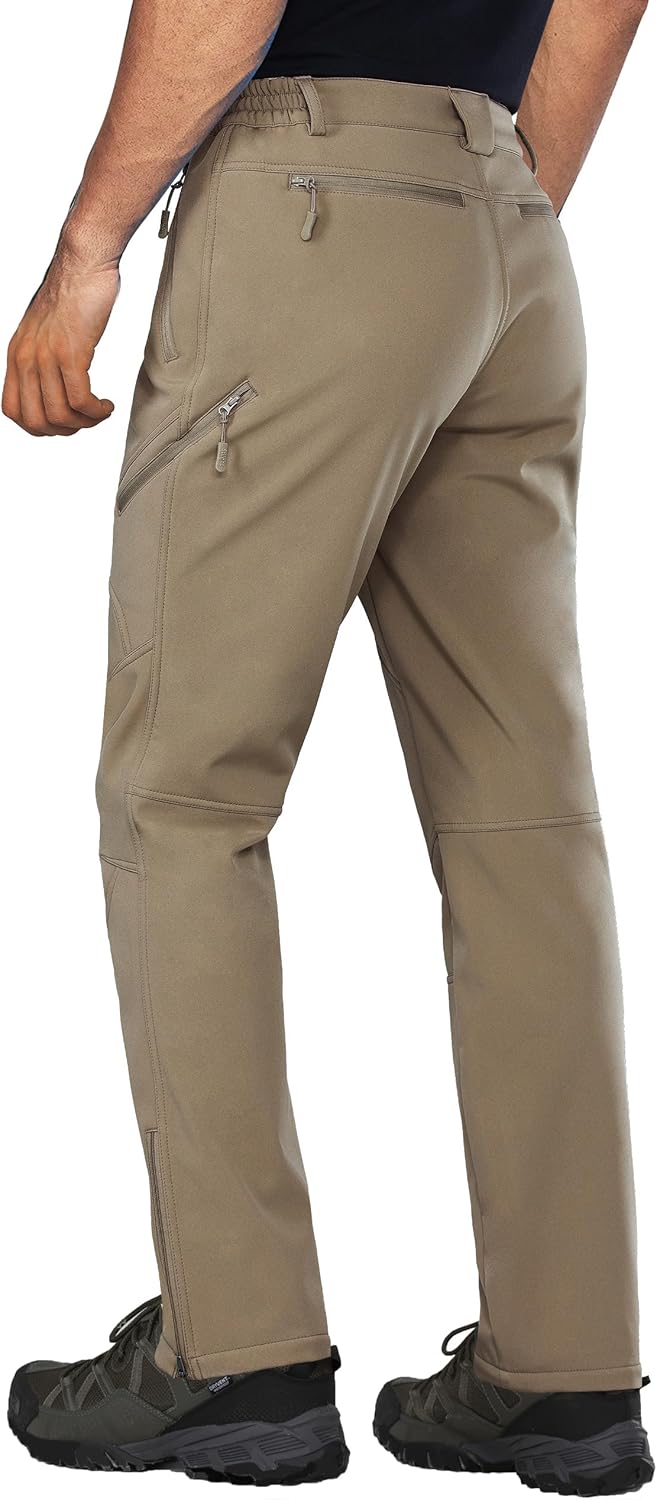 Mens Snow Ski Water Repellent Softshell Pants for Winter Hiking Fleece Lined Bottom Leg Zipper with 6 Zip Pockets - Khaki