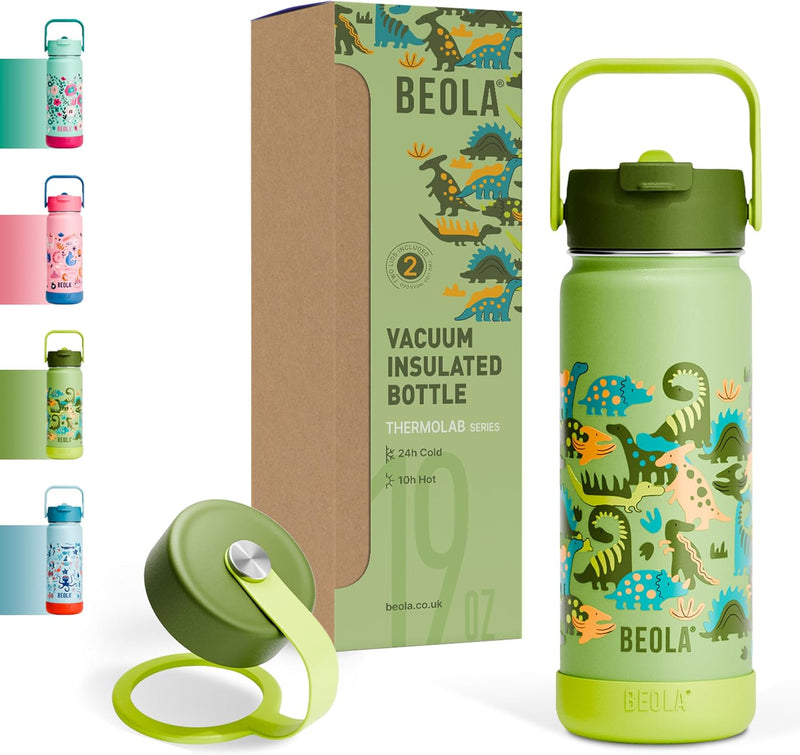 550ml Kids Water Bottle 18/8 Stainless Steel Double Wall Insulated thermo Bottle with Straw Lid and Wide Mouth, Hot Cold Liquids Sports School Bottle (19oz, Neon Flash) - 550ML Dino Dreams