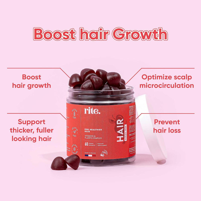Rite Hair Vitamin Gummies, For Healthy Hair, Biotin, Faster Hair Growth, Sugar Free, Vegan, Cherry Flavour (60 Count)