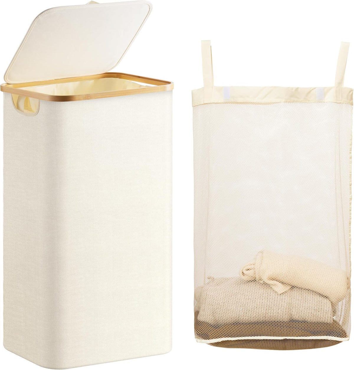Laundry Hamper with Lid, 120L Large Laundry Basket with Bamboo Handles and Removable Inner Bag, Collapsible Dirty Clothes Hamper Laundry Bin for Bathroom, Bedroom, Dorm Laundry Room(Beige) – image 2