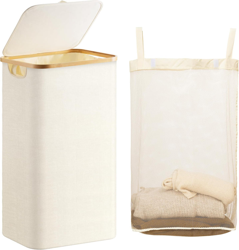 Laundry Hamper with Lid, 120L Large Laundry Basket with Bamboo Handles and Removable Inner Bag, Collapsible Dirty Clothes Hamper Laundry Bin for Bathroom, Bedroom, Dorm Laundry Room(Beige) - Beige 100 liter