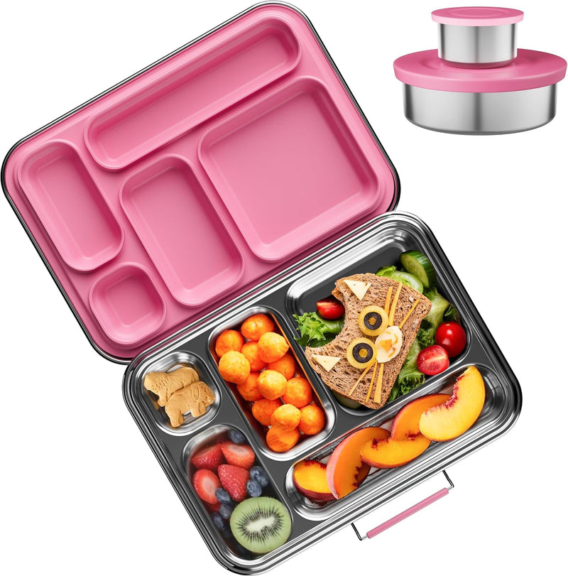 Bento Lunch Box for Kids: Leak-Resistant 304 Stainless Steel Lunch Boxs - 3-Compartments with Silicone Container - Bento Box for Ages 4-16 - for School, Picnics & Office (Pink) - Deep Pink