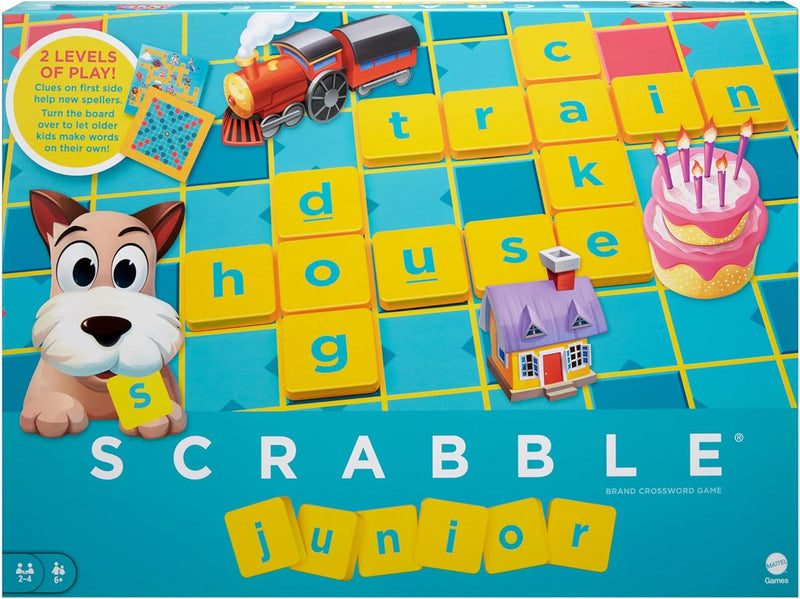 Scrabble Junior Kids Crossword Game With 2-Games-In-1, 2-Sided Game Board For 2 To 4 Players Ages 6 To 10 Years Old - Junior