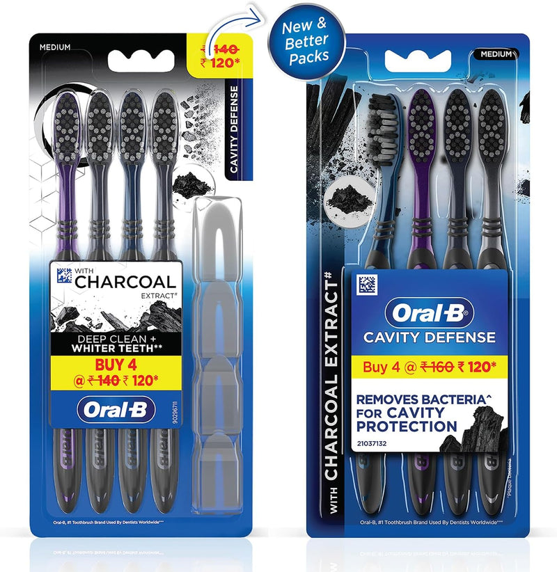 Cavity Defense Deep Clean + Whitening Toothbrush with Charcoal Extract Bristles, Tongue Cleaner and Hygienic Head Caps, MEDIUM, Pack of 4. - black 1 count (Pack of 4)