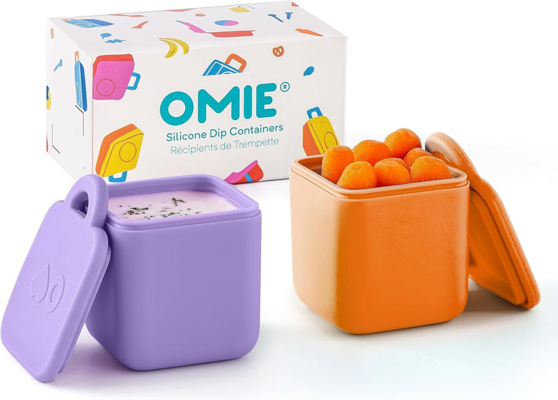 OmieBox (2 pack) Leakproof Dips Containers To Go, Salad Dressing Container, Condiment Container with Lids - Food Safe Silicone - 4 ounces (Sea Blue/Green) - 2 Piece Set Purple/Orange