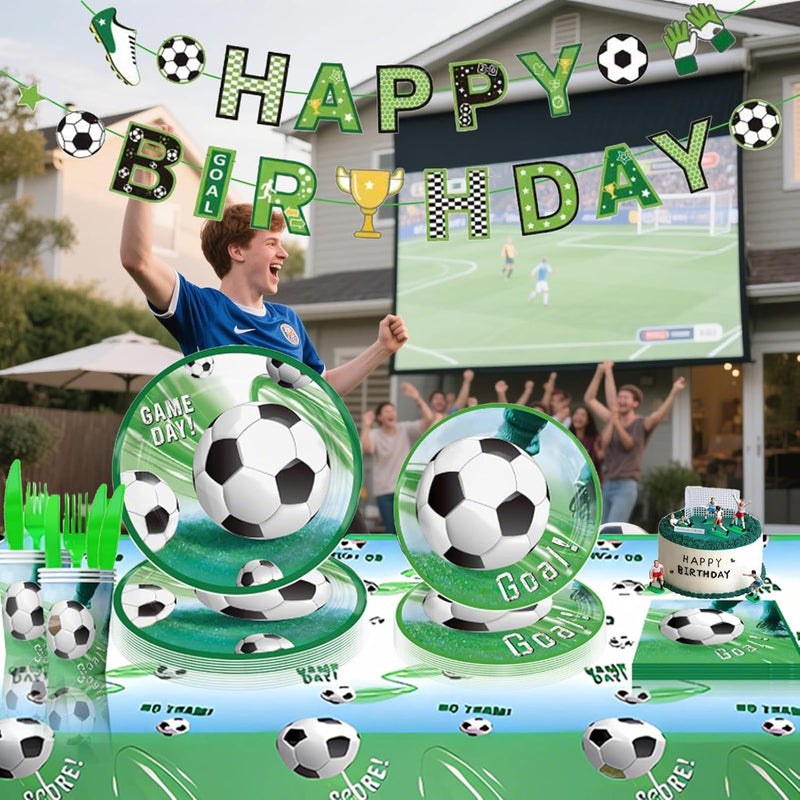 Soccer Birthday Party Decorations 140 PCS, Complete Soccer Party Set for 20 Guests, Includes Plates, Napkins, Cups, Banner, Balloons, Tablecloth, Cutlery