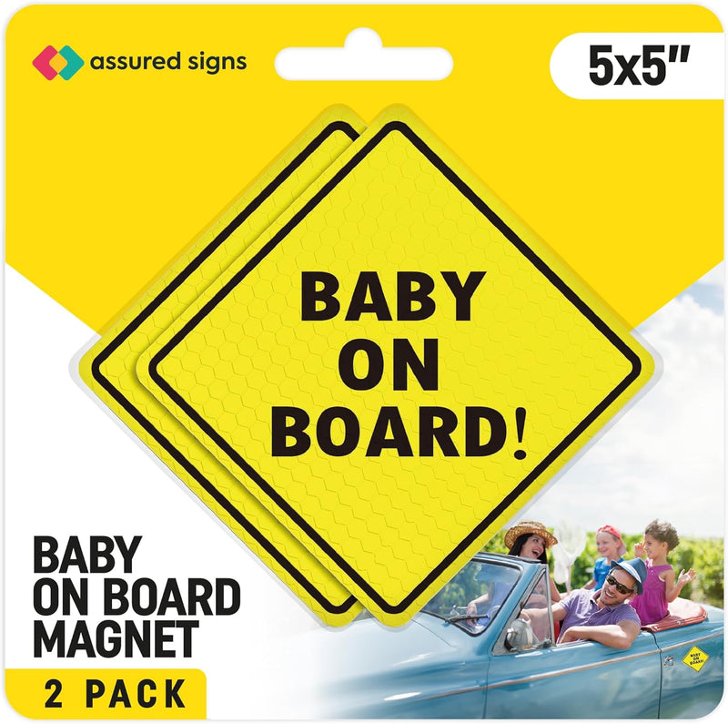 Baby On Board MAGNET Sign for Car - 2 Pack, 5" by 5" - Essential Magnetic Sticker for Bumper - Bright Yellow and Reflective - Best Safety Sign Accessories for Cars