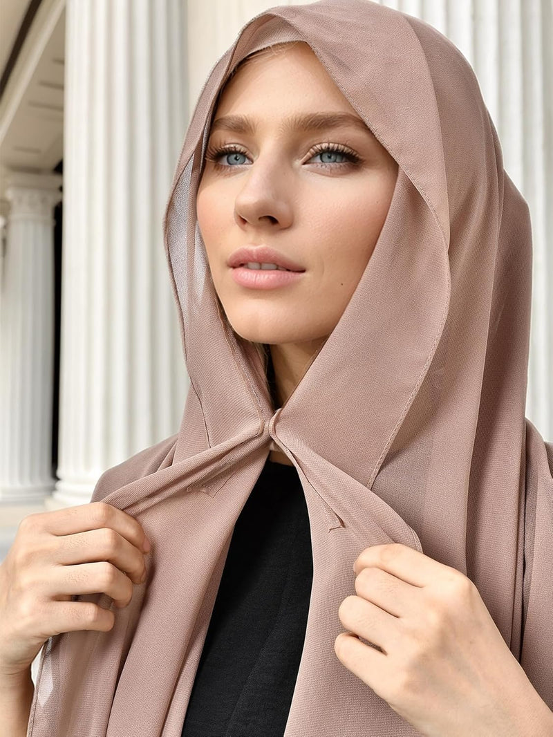 2Pcs Women Instant Chiffon Hijab with Built-in-Magnet and Sewn Undercap Head Wrap Under Scarf Caps
