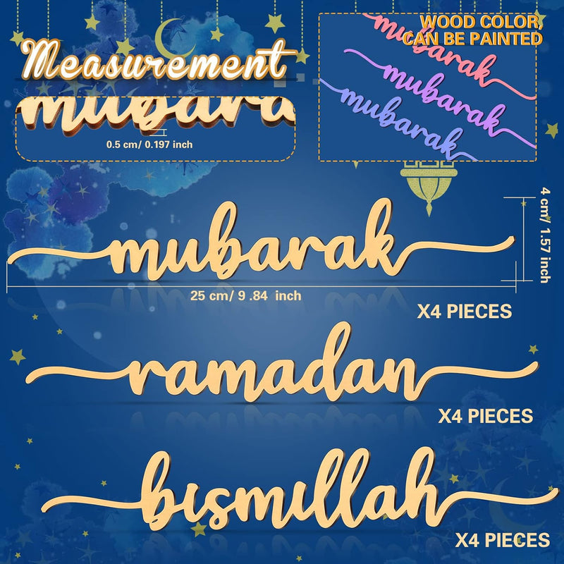Queekay 12 Pieces Ramadan Wood Sign Ramadan Mubarak Plate Setting Plate Sign Ramadan Kareem Wooden Ornament Islamic Table Decor for Eid Ramadan Islamic Home Party Decor (Classic Style,10 x 1.6 Inch) - Classic