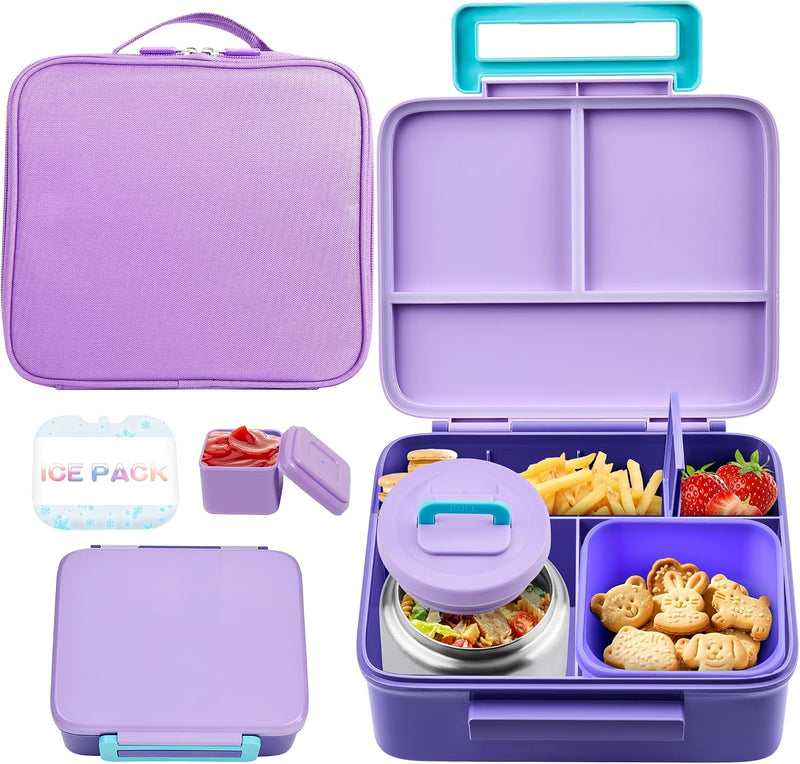 Bento Lunch Box for Kids with Thermo, Leakproof Bento Box with 8oz Insulated Food Jar, Lunch Bag, BPA Free Dishwasher Safe 4 Compartment Container for School Girls Boys (Pink) - Purple1