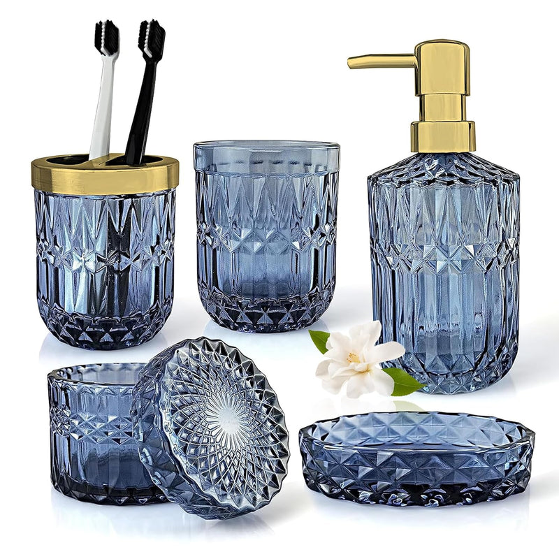 Topsky Blue Bathroom Accessory Set, Glass Bathroom Decor Countertop Organizer,5Pcs Bathroom Accessories with Lotion Dispenser(Cylindrical), Soap Dish, Toothbrush Holder, Tumbler, Cotton Swab Jars