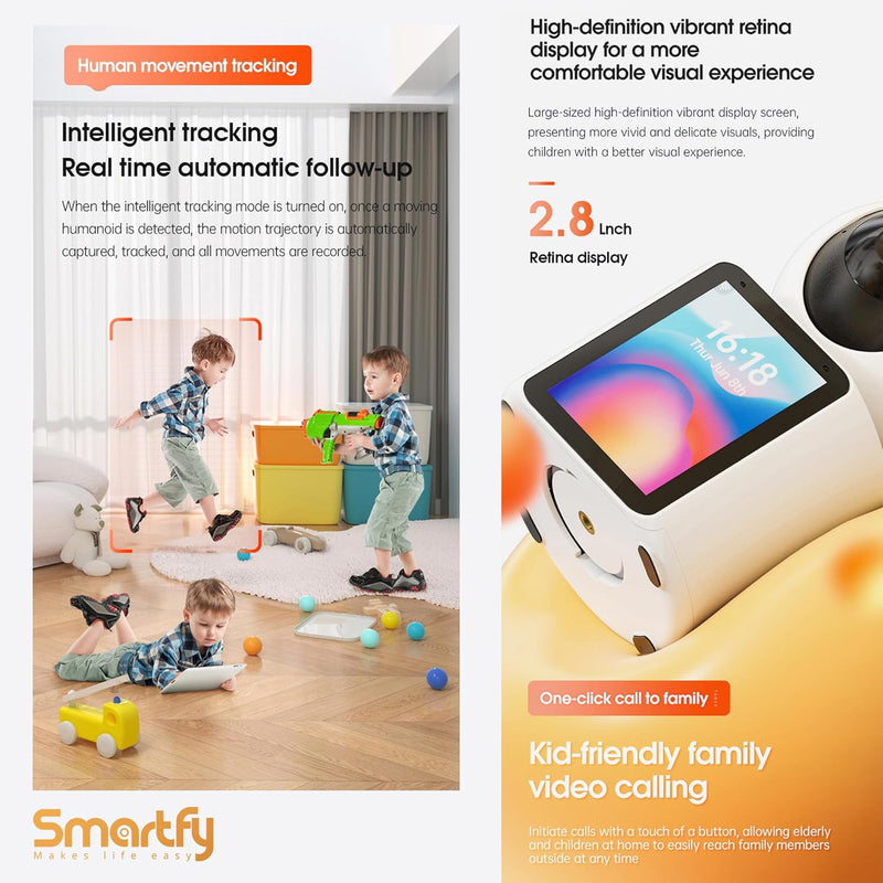 Smartfy Indoor Security Camera – Full HD Baby Monitor with Human Detection, Night Vision,Baby Camera Monitor with Crying Detection,Video Call,Smart Tracking & 2.8" Retina Screen Surveillance
