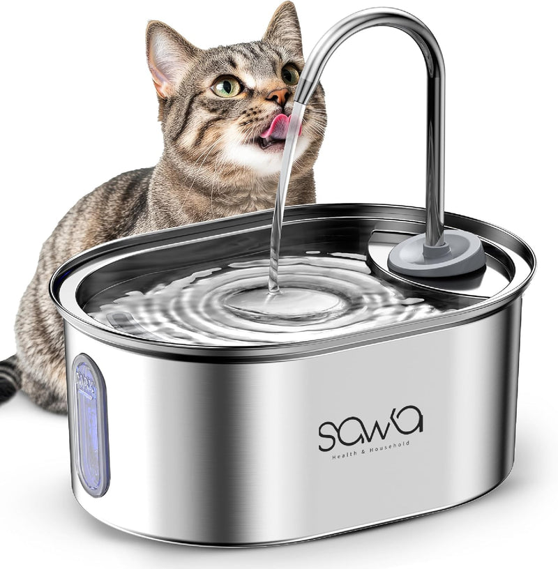 SAWA Cat Water Fountain, 3.2L/108oz Cats Fountains for Drinking, Pet Water Fountain for Cats Indoor, Automatic cat water Dispenser with 2 Flow Modes, kitty Spout Fountains for Cats Dogs - Wired Fountains Stainless Steel Elliptical
