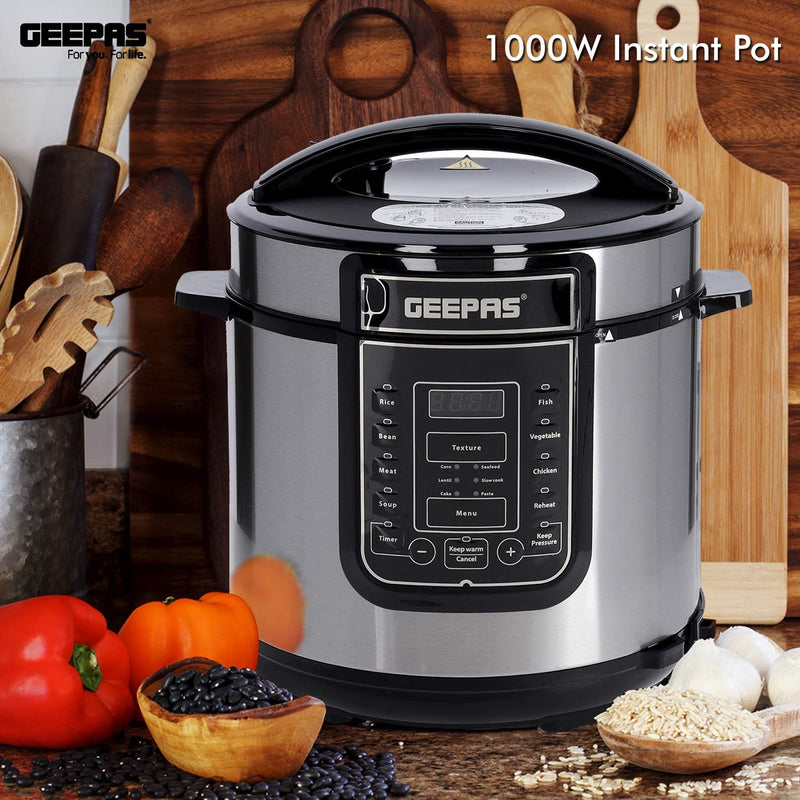 1000W 7-in-1 Electric Pressure Cooker, Steamer 6L Digital Multicooker Stainless Steel/Black 14 Cooking Modes, Automatic Keep Warm & 24 Hours Preset Function 2 Years Warranty
