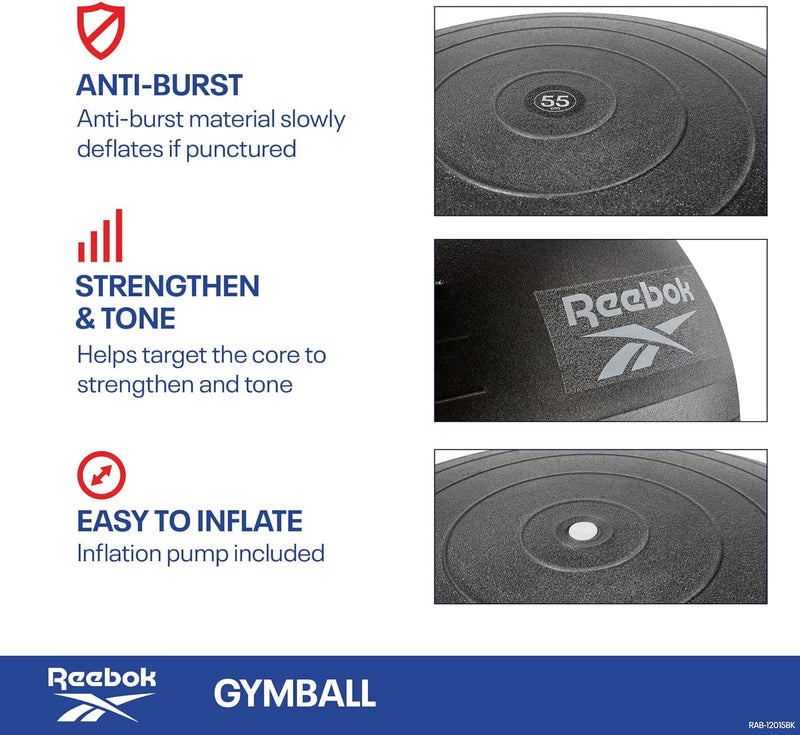 Reebok Gymball - Exercise Ball with Dual Textured Non-Slip Surface for Maximum Grip - for Core Workout, Improving Stability, and Posture at Home or The Gym - Pump Included - Black
