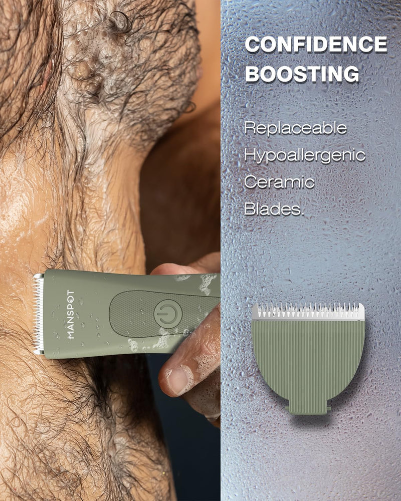 Electric Pubic Hair Trimmer Men's Shaving & Grooming Sets Kit w/ 4 Guards and Replaceable Ceramic Blade Heads, Waterproof Wet/Dry Groin Trimmer for Men, 90 Minutes Shaving, Body Groomer for Men (Blue)