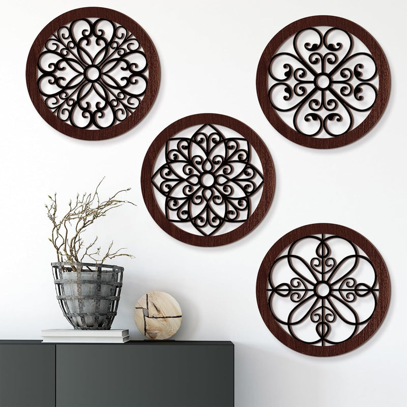 Yulejo 4 Pcs Thicken Rustic Wall Decor Farmhouse Wall Art Wooden Hollow Carved Design Decor Rustic Round Wall Art for Living Room Bedroom Hallway Decor Kitchen Wall (Black, Brown,9.8 x 9.8 Inch)