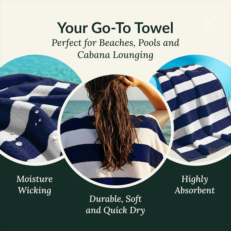 Cloud Scape Linen 2 Pcs Cabana Stripe Beach Towel Set, Oversized Soft Cotton Towel, Quick Dry and Highly Absorbent, Perfect for Beach, Picnic and Fitness, 76x152 cm, Blue
