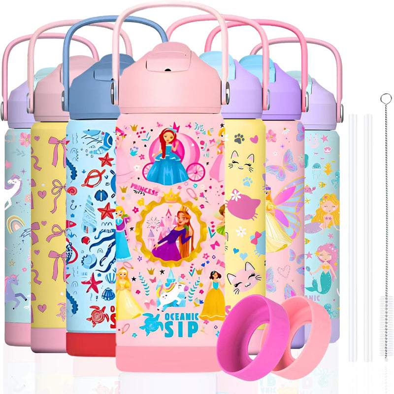 550ml Girls Premium Stainless Steel Water Bottle with Straw Leak-Proof, Double-Wall Vacuum Insulated Kids Flask for School & Sports, BPA-Free (Mermaid, 550ml) - Princess 550 ml