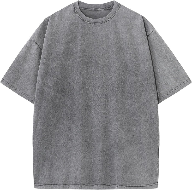 Mens Cotton T-Shirt, Oversized, Unisex, Short-Sleeved, Casual, Loose Fit, Washed, Solid Color - A-grey