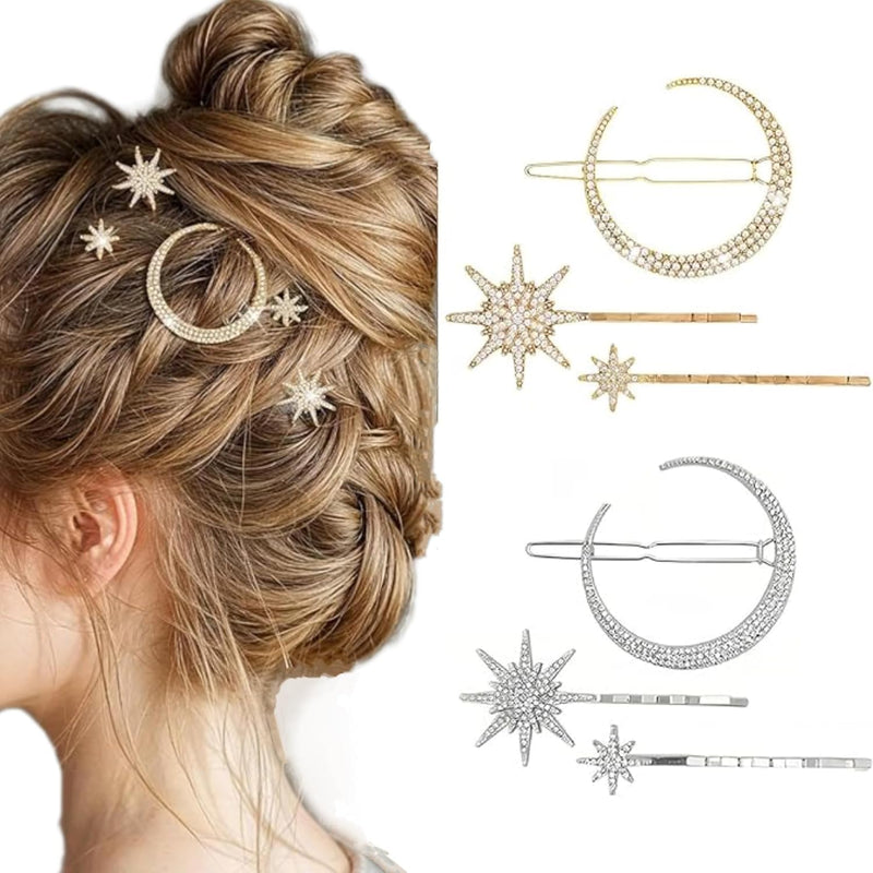 Rhinestone Hair Accessories Set, 6 Pieces Moon and Stars Hair Clips, Alloy Diamond-studded Hair Accessories for Women Girls (Gold+Silver)