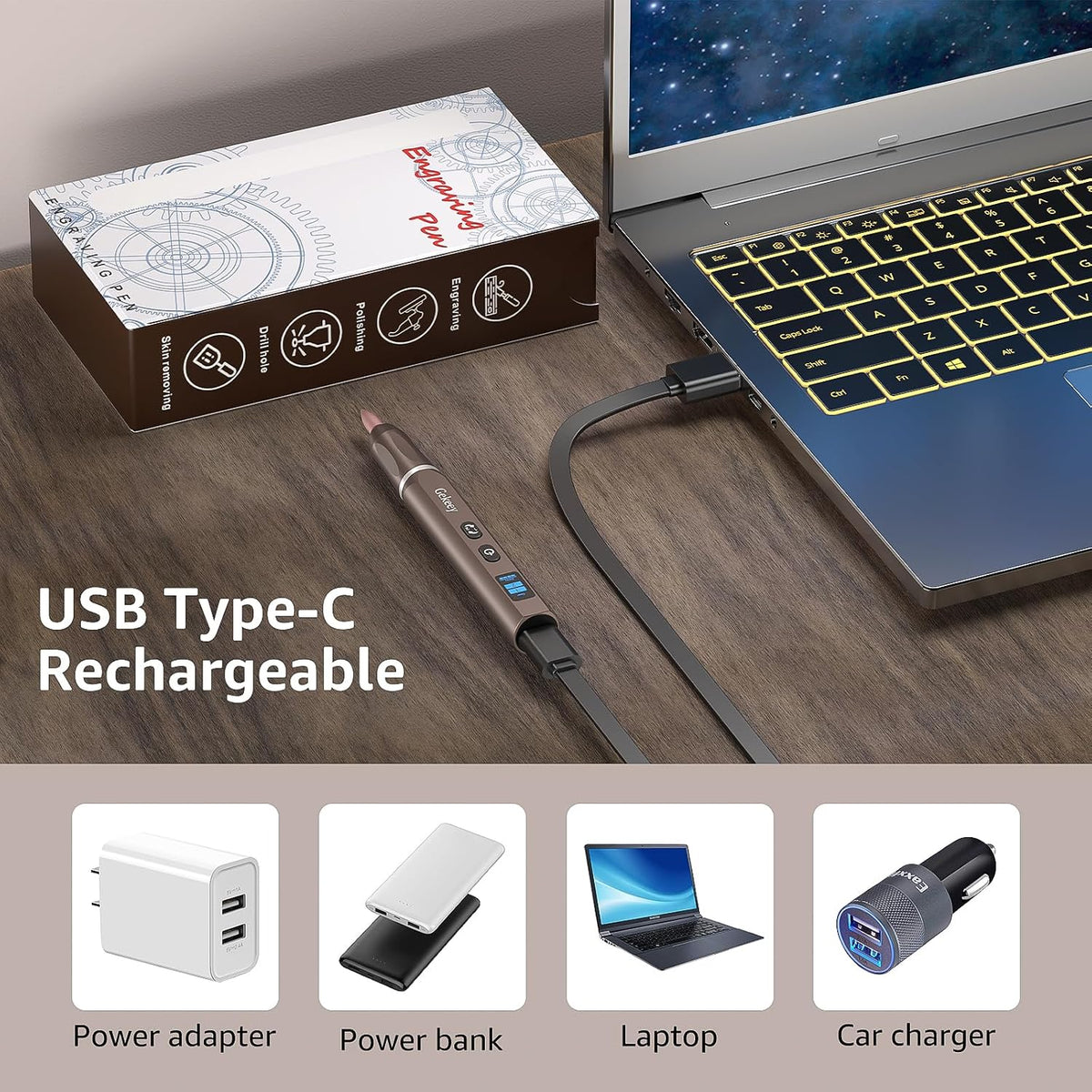 Electric Engraving Pen, Cordless Rechargeable Mini Rotary Tool with 42 Bits, Aluminum Body, Variable Speed, Portable Engraver Pen for Metal Wood Glass and Plastic, Brown – image 6