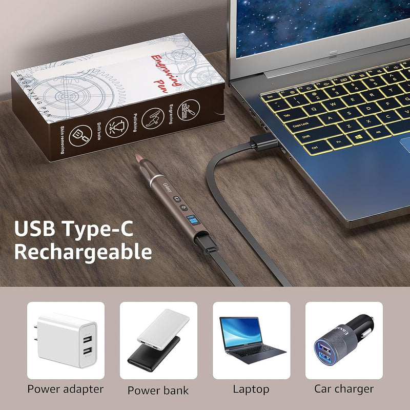 Electric Engraving Pen, Cordless Rechargeable Mini Rotary Tool with 42 Bits, Aluminum Body, Variable Speed, Portable Engraver Pen for Metal Wood Glass and Plastic, Brown