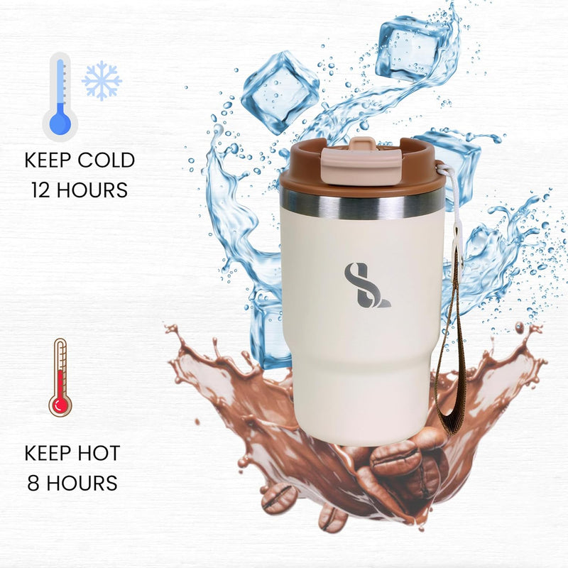 SimplyLivin. Premium Tumbler with Lid and Straw | 480ml (16oz) | Hot and Cold Drinks | Leak Proof | Travel Mug | Coffee Cup | Double Wall Stainless Steel | Unique Packaging for Gifts | Classic Beige
