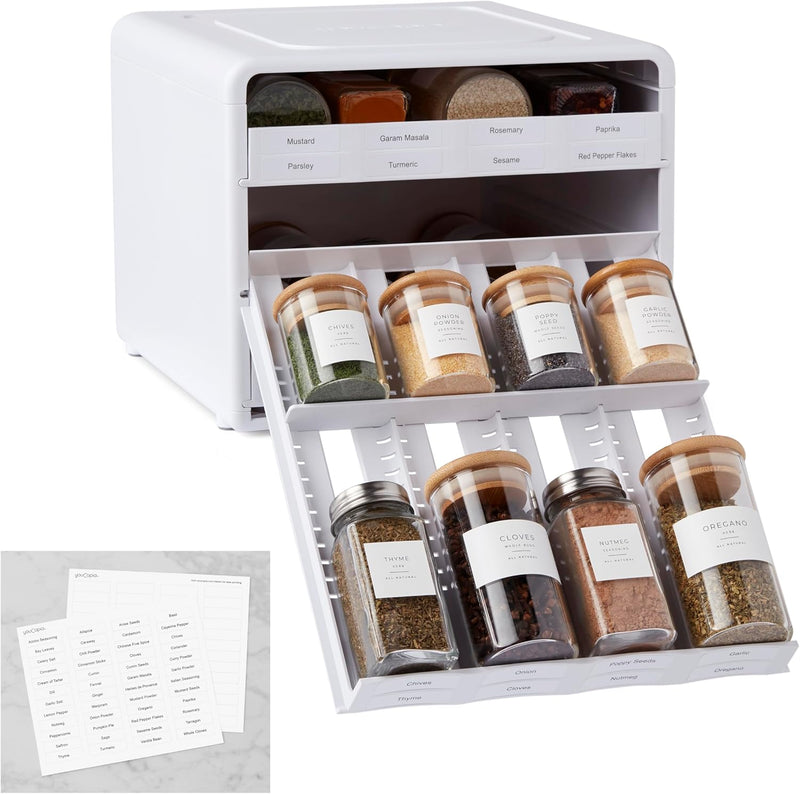 SpiceStack Adjustable Spice Rack Organizer, Pull-Down 12-Bottle Seasonings and Spices Holder for Kitchen Cabinet and Pantry Organization, White - White Adjustable Dividers, 24-Bottle