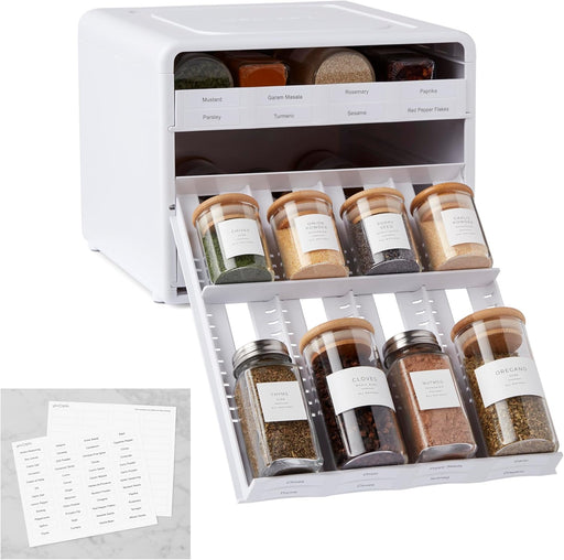 SpiceStack Adjustable Spice Rack Organizer, Pull-Down 12-Bottle Seasonings and Spices Holder for Kitchen Cabinet and Pantry Organization, White - White Adjustable Dividers, 24-Bottle
