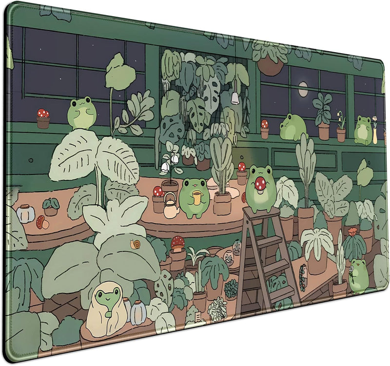 Mechanical Cattle Cute Frog Mouse Pad Desk Kawaii Green Decor Mat, Large Gaming for Computer Keyboard Laptop, Home Office Accessories Girl (31.5x15.7 in)-with Stitched Eges
