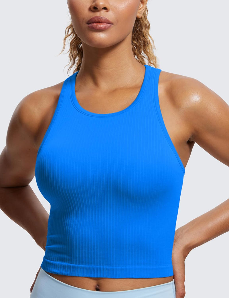 CRZ YOGA Womens Seamless Ribbed Longline High Neck Sports Bra - Racerback Padded Slim Fit Crop Tank Top with Built in Bra