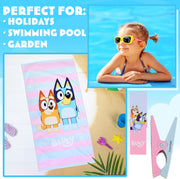 Bluey Towels for Kids with 2 Pegs Clips Beach Towel Soft Absorbent Bath Shower Swimming Towel 100% Cotton Quick Dry Holiday Essentials 140x70cm