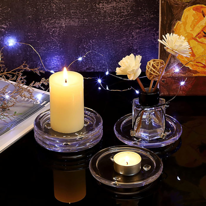 Glass Candle Tray, Round Clear Pillar Candle Holder, 3.9 Inch Pillar Candle Holders, Glass Coaster Small Round Plate Candle Plates, Modern Style Candle Centerpiece for Dining Table Wedding 5PCS