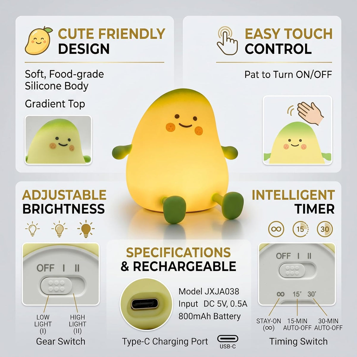 Mango Silicone Night Light for Kids JXJA038 Cute Squishy LED Touch Control Sleep Lamp, Dimmable Warm Glow Nursery Light, Rechargeable Type-C with Auto-Off Timer, Bedside Baby Room Gift – image 2