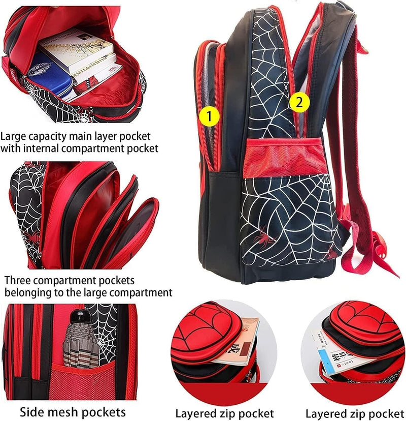 Chielor Kids School Backpack, 15in Cartoon Spider Schoolbag with Pencil Case 3D Waterproof Book Bag for Elementary Boys Large Capacity Back to School Supplies Birthday