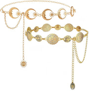 BOSSNOUK 2Pcs Gold Waist Chain Belt for Women Sun Moon Boho Body Chain, Nickel-Free Adjustable 125cm, Dress Belt for Abaya Kaftan Jeans Eid Ramadan Gift - A